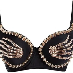 Women's Black Rivet Skull Corset Bra Gothic Finger Design Bustier for Nightclub, Belly Dance-image-2