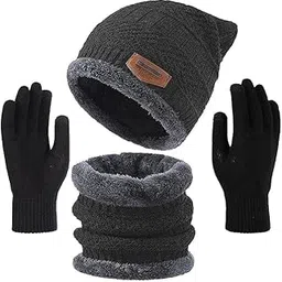 truflair Winter Knit Beanie Cap Hat Neck Warmer Scarf and Woolen Gloves Set Skull Cap for Men Women/Winter Cap for Men (3 Piece)-picture-40