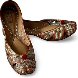 PHA || Women's Woven Leather Soft Punjabi Jutti, Brown and Gold, Decorative Red POM Pom, Vintage Style Juttis-image-36