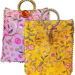 Tanmish World Potli | Silk Wedding bag| Christmas Return Gift | Traditional Embroidered Potli Handbag with Golden Handle Ethnic Clutch Bag for Women & Girls Bridal, Wedding (PINK & YELLOW) Pack of 10-image-96