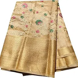 rabbaitul bait Women's Banarasi Kanjivaram Tissue Gold and Silver Saree With Floral Motifs Leaf and Line Embroidery Different Embroidery Soft Transparent Sadi Elegent Thread Work on Sari Zari Resham EMB-picture-22