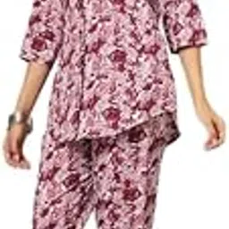 Women's Floral Print Cotton Night Suit, 3/4 Sleeve Top with Pants, Blue and White Sleepwear Set-picture-36