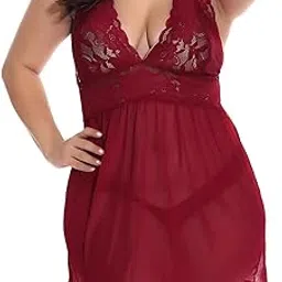 Plus Size Sexy Lingerie Set for Women V Neck Floral Lace Babydoll Chemise Thong Sleepwear Mesh Nightwear Bowknot Transparent Lace Exotic Underwear Comfortable Gown-picture-36