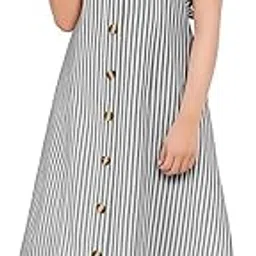 Striped Cotton Button-Down Sleeveless Maxi Midi Dress, Grey and White, Casual Wear-picture-40