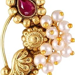 vfj vighnaharta fashion jewellery Vighnaharta Gold Plated with Pearl Alloy and Artificial stone Non Piercing Maharashtrian Nath Nathiya./ Nose Pin valentine day gift valentineday gift for her gift for him gift for women gift for women {VFJ1171NTH-Press-Red }-picture-46