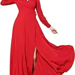 berrylush Women V-Neck Cuffed Sleeves Waist Tie-Up Thigh-High Slit Flared Maxi Dress-picture-35