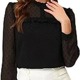 mizago Women's Ruffle Cotton Blend Top, Long Sleeve, White, Button Front Collar-picture-49