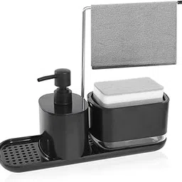 HASTHIP Metal Kitchen Soap Dispenser Set With Sponge Drain Rack, Tray and Dishcloth Holder - Sink Countertop Pump for Kitchen and Bathroom (Black)-image-63