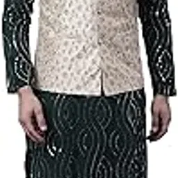 sojanya (Since 1958 Men's Pure Cotton Dark Green Kurta and White Pyjama with Beige Embroidery Nehru Jacket-picture-21