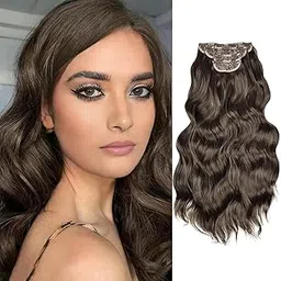 QUEENTAS Highlight Long Curly Chocolate Brown Clip in Hair Extensions for women Clip Type Natural Blends Well Wavy Clip Hair Extensions (22inch, 4pcs)-picture-43