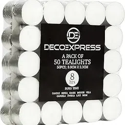 Deco Express Tealight Candles Multipack of 200, 100, 50 or 24-4, 8 or 10 Hours Burning Time - Tea Lights Candles Unscented (White 50/4 Hours)-picture-26