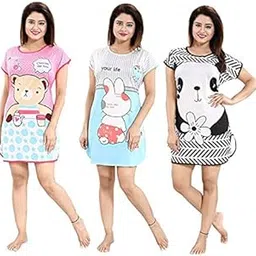 magic Women's Cartoon Knee Length Nightwear Long Top-(Pack of 03)-(Medium) Multicolour-picture-43