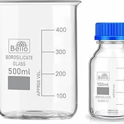 Bello Borosilicate Glass Measuring Beaker 500ml & 100ml Reagent bottle with leak proof Blue Screw Cap pack of 2 for chemical lab, laboratory, kitchen and professional use-image-44
