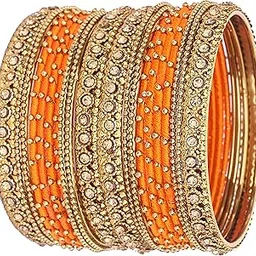 nmii Metal with Golden Zircon Gemstone & Silk Thread Studded worked Ball Chain Linked Stylish Bangle Set For Women and Girls-picture-26