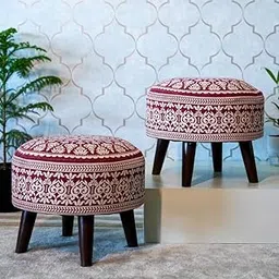Greetwood Stool Ottoman Pouffes for Living Room, Kitchen, Home, Office Furniture with Soft Cotton Cushion Mudda Footrest Stool for Chair Sofa Bed Dressing Decor, Mandala Red (14 Inch Pack of 2)-image-62