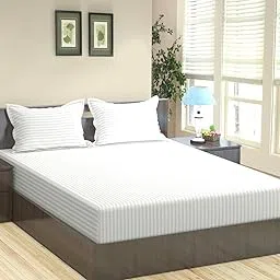 Bombay Dyeing 400 Thread Count Cotton Satin Stripe King Size Bedsheet, 274cm x 274cm, White-picture-66