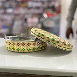 I Sonal Meenakari Container Peacock Design Round Dabba Chapati Box Golden Meenakari Storage Box Marriage Return Gift.(Gold)(7.5 x 7.5 x 2.7 Inch) (Size 1 (Small))-picture-16