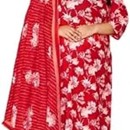 swasti Plus Size Floral Print Pure Cotton Straight Kurta, Dupatta & Pant Set Red-picture-19