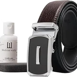 modena works Men's Vegan Leather Belt | FREE Vegan Leather Revival Kit | Silver Lining (Brown)-picture-26