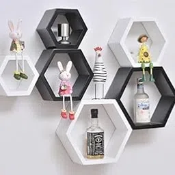 Set of 6 Black Hexagon Wooden Floating Wall Shelves | Decorative Racks for Home, Living Room, Office & Gifting-image-47