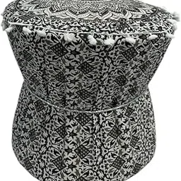 MUDACRAFT Handmade Black & Grey Boho Pouf Ottoman Cover Round Footstool with Mandala Print Cotton Pouffe Set of 1 Piece Cover ONLY-image-5