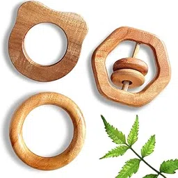 Babycov® Neem Wood Teether for Babies | Natural Wooden Teether for 3–12 Months | Safe Neem Teether for 6 to 12 Months Baby | Eco-Friendly, BPA-Free Neem Toys for Babies 6–12 Month | Made in India (Bear +Ring +Hexagon Rattle)-image-1