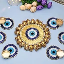AVIKALPINDIA Evil Eye Beaded Tealight Candle Holders Set, Gold-Tone Metal with Navy Blue Pattern, Decorative Table Centrepiece, Diwali Rangoli-image-34