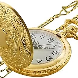 realpoo SwitchMe Antique Shield Round Case Quartz Pocket Watch Japan Movement with Belt Clip Chain Gold-picture-33