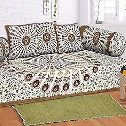 INDHOME LIFE 200 TC Cotton Printed Abstract Pattern Jaipuri Traditional Brown Diwan Set (Set of 6)-image-59