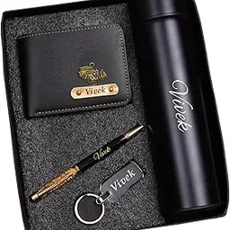 the gift lovers Personalized Gift Set for Men - Customized Wallet, Stylish Pen, Flask & Keychain with Name Engraving Premium PU Leather Wallet Combo Gift Box (Black)-picture-13