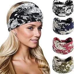 spadera 4 Pcs Wide Headbands for Women, Boho Bandeau Head Bands, Workout Head Wraps, Stretch No Slip Hair Wraps Pack of 4 (Flower) image 1