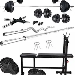 Kore PVC 30 Kg Home Gym Set with One 3 Ft Curl + One 5 Ft Plain Rod and One Pair Dumbbell Rods with 3 in 1 Multipurpose Decline Fitness Bench-picture-17