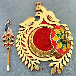 UrbanShilp Fancy Sindoor dani with Tilak Stick for wedding | Pooja Articles Gifting Sindoor Dibbi - kumkum Box with Beautiful Kundan Stick for Multi-Purpose kumkum Box, Beautiful peacock Stick image 1