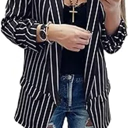 quecy Women's Striped Casual Blazers Coats Top Lapel Cardigan Long Sleeve Loose Jackets |Black |L-picture-11