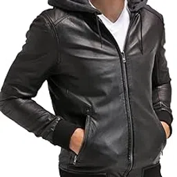 luis leather Men's Genuine Leather Bomber Jacket with Hoodie- Biker Motorcycle Removable Hooded Jacket-picture-32