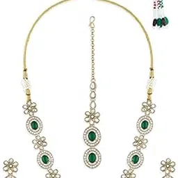 ami Green Stones Austrian Diamonds Antique Plated Sleek Necklace Earring and Maangtikka Set For Women-ZPFK21489-picture-12