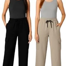 motards Women|s Track Pants Combo | Wide Leg High-Waist Trousers with 4 Pockets | (Beige & Black, Pack of 2)|Women-Bottom-BLK-BEI-1-picture-47