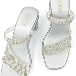 luxeve Women's Silver Rhinestone Block Heel Sandals, Strappy Dressy Slides-picture-52