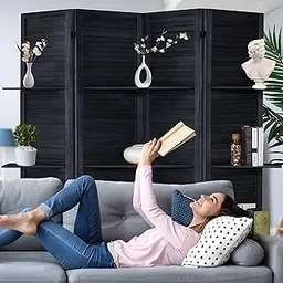 WoodCraftia Wooden Room Divider Partition - Foldable Wood Screen Separator for Living Room, Bedroom, Office, Restaurant || Patti Design 4 Panel with 3 Shelves (Black)-image-83
