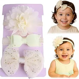 SYGA 3 Pcs Baby Headband, Flower & Bow Stretchable, Nylon HairBand for Newborn Infant Toddlers Kids 0-3 Year (Beige, Free Size)-picture-15