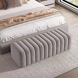 The Sofa Studio - Modern Ottoman Velvet Bench 2 Seater Channel Tufted Bed Side Bench for Living Room, Bedroom, Entryway (Light Grey)-image-1