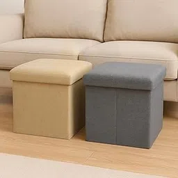 ABTRIX WITH AB Set of 2 Folding Storage Ottomans with Lid – 30x30x30 cm – Linen Fabric Footrest Stools, Foldable Storage Cubes with Padded Seat, 80KG Load Capacity (2, Grey & Beige)-image-40