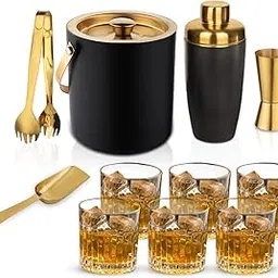 Steren | Stainless Steel Premium Black & Gold Bar Set for Drink/Gift, Ice Bucket, Cocktail Shaker, Ice Scooper, Peg Measure/Jigger & Tong with Set of 6 Drink Glasses-picture-33