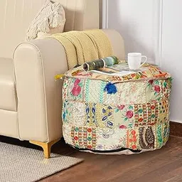 iinfinize Ottoman Pouffe Cover Round Mudda Stool Cover Patchwork Designing Khambadiya Bean Bag Pouffe Cotton Footrest Sitting Pouffe Cover Vintage Boho Pouffe Case (16x16x13 Inch, Beige)-image-3