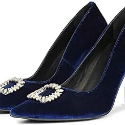 saintg Womens Square Décor Stones Blue Velvet Pumps-picture-48
