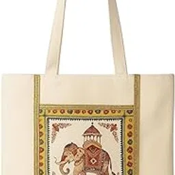 Handcrafted Canvas Tote Bag with Indian Elephant Print, Natural Beige, Cotton Jute Blend, Large Shoulder Straps, Decorative Border-picture-35