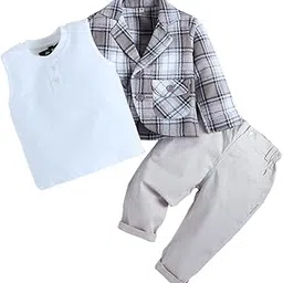 Boys Full Sleeves Brown 3-Pc Checkered Cotton Pant Set-image-5