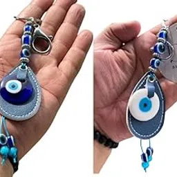 BLUE BEADS Original Blue and White Evil Eye Stone With Blue Leather Keychain For Bike/Car Gifting With Key Ring (Pack of 2)-picture-32