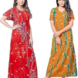 vlazom Women’s Pure Cotton Rajasthani Jaipuri Nighty & Gown Set | Maxi-Length Sleepwear, Pack of 2-picture-11