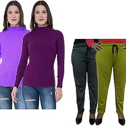 Women Winter Wear Combo Pack- Full Sleeves High Neck/Skivvy and Fleece Warm Lower/Track Pants Pack of 4-image-62
